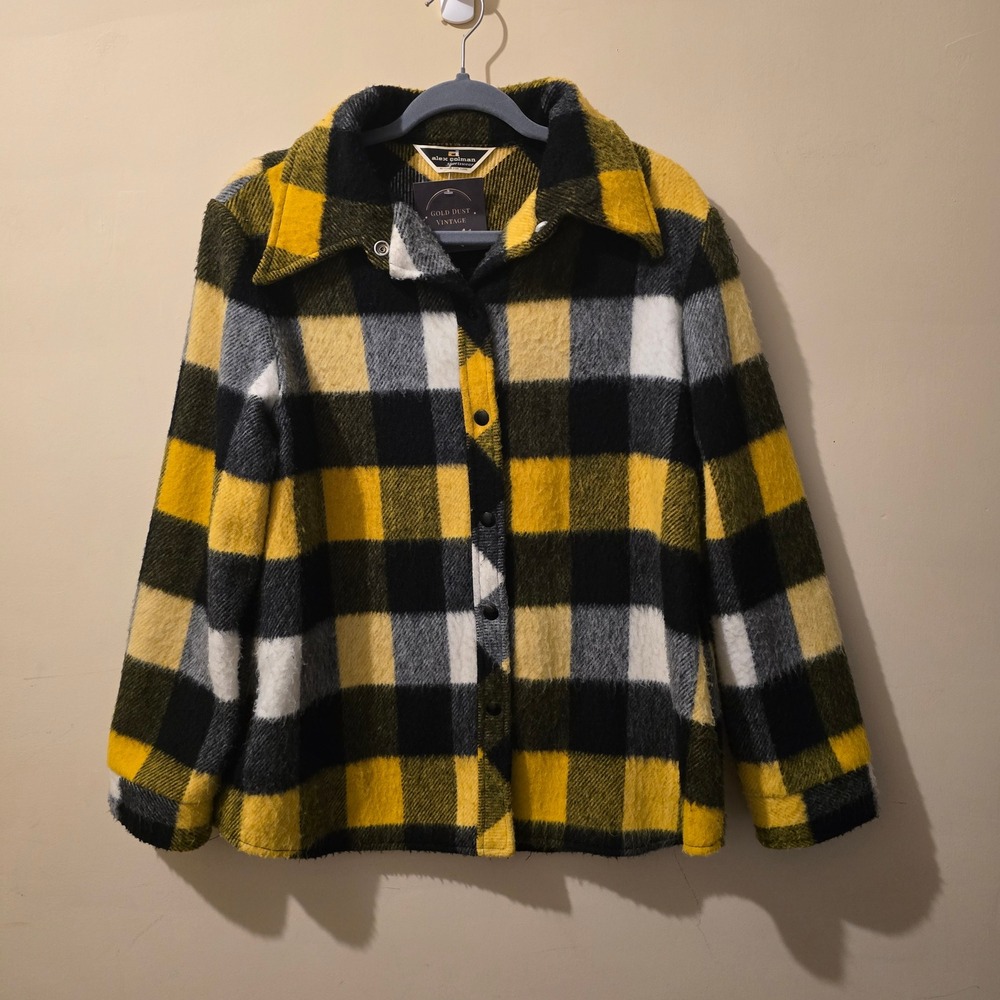Vintage 70s Alex Colman Sportswear Shacket Mens L Yellow Plaid Wool Blend Jacket